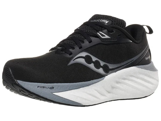 Women's Saucony Triumph 22. Black upper. White midsole. Lateral view.