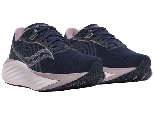 Women's Saucony Triumph 22. Navy upper. White midsole. Lateral view.