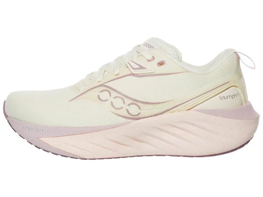 Women's Saucony Triumph 22. Off White upper. White midsole. Lateral view.