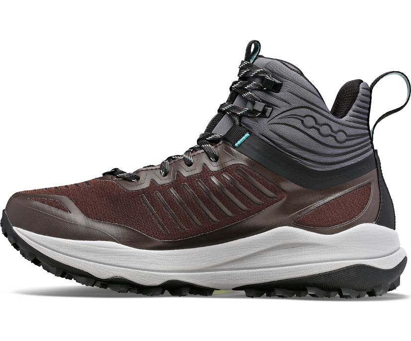 Women's Saucony Ultra Ridge GTX. Brown/Black upper. Grey midsole. Medial view.