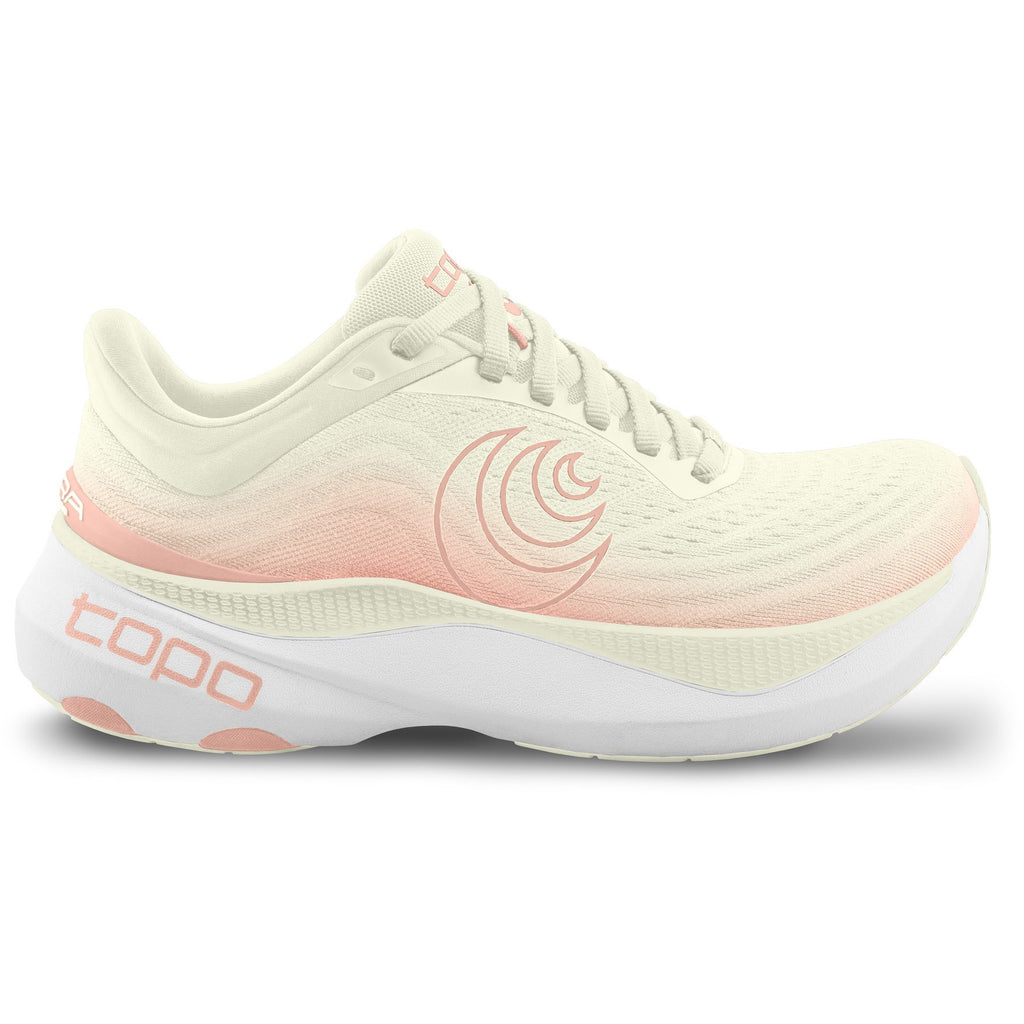 Women's Topo Aura. Cream upper. White midsole. Lateral view.