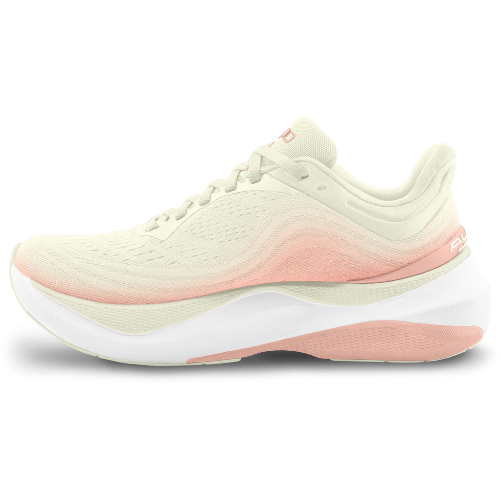 Women's Topo Aura. Cream upper. White midsole. Medial view.