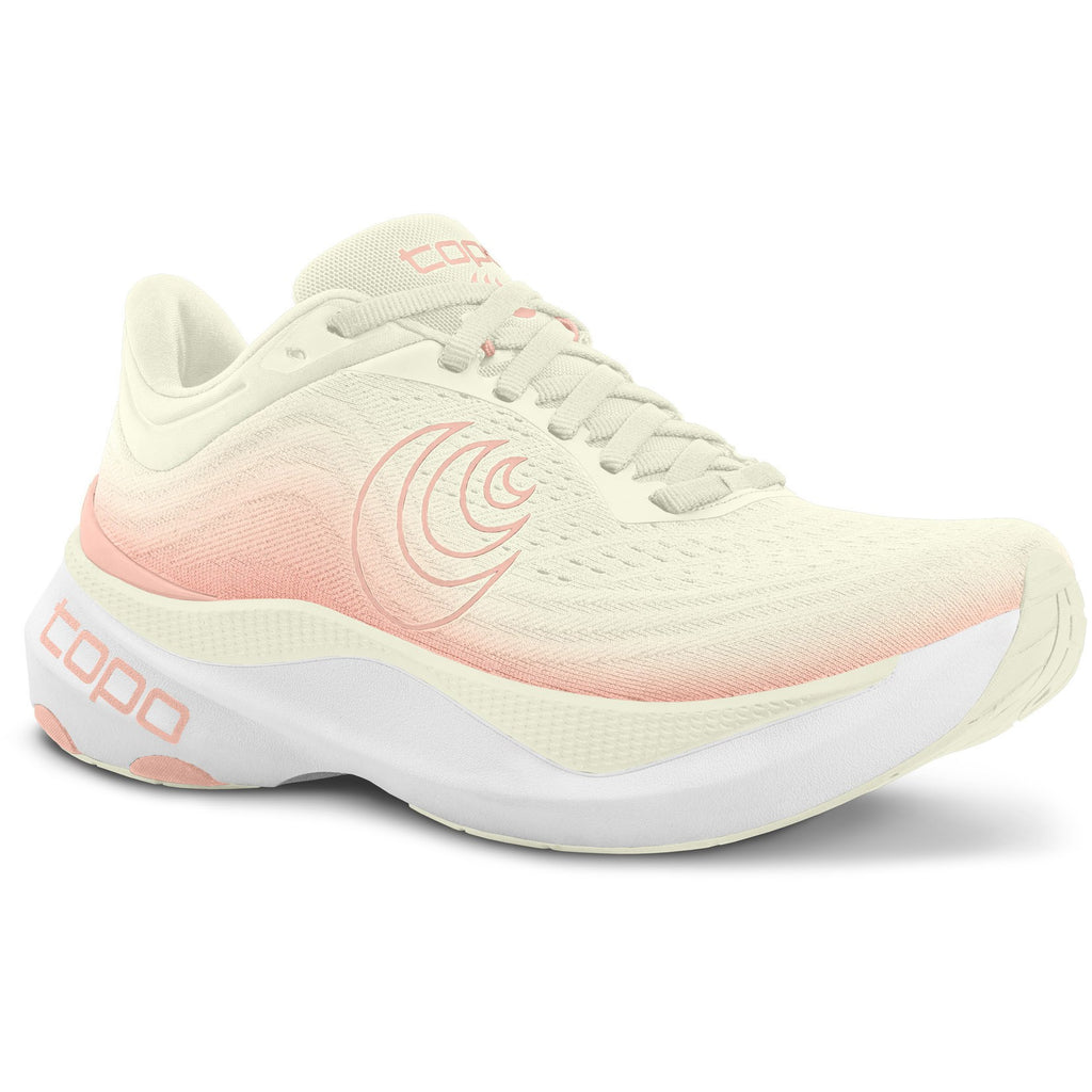 Women's Topo Aura. Cream upper. White midsole. Lateral view.