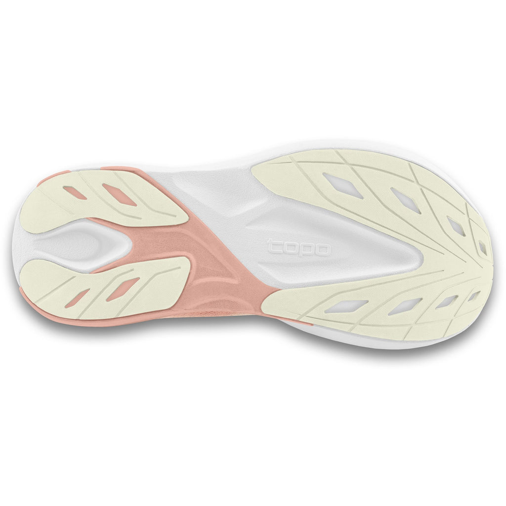 Women's Topo Aura. Cream upper. White midsole. Bottom view.