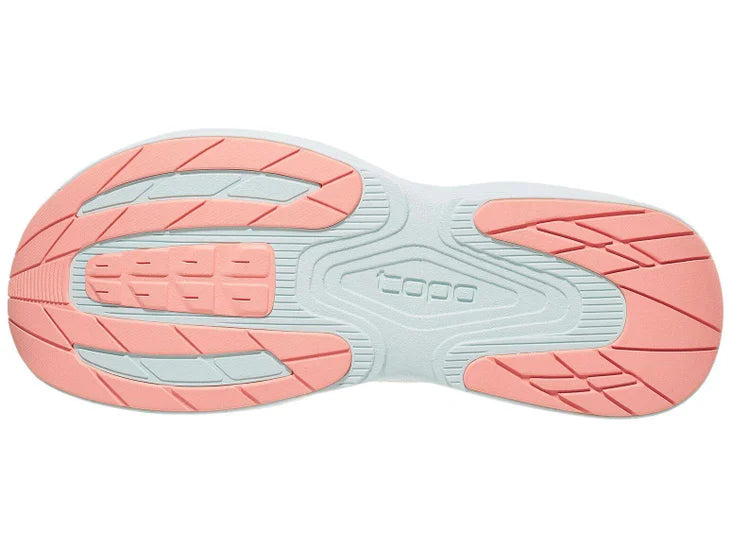 Women's Topo Fli-Lyte 5. Grey upper. White midsole. Bottom view.