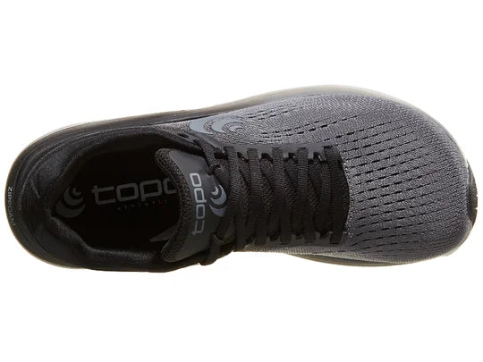 Women's Topo Magnifly 5. Black/Grey upper. Grey midsole. Top view.