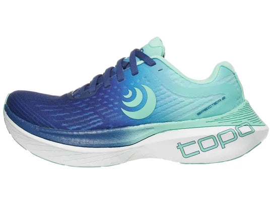 Women's Topo Specter 2. Blue Green upper. White midsole. Lateral view.