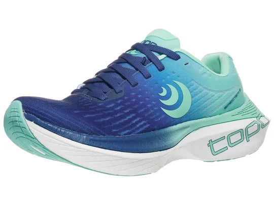 Women's Topo Specter 2. Blue Green upper. White midsole. Lateral view.