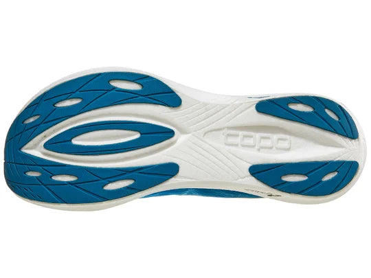 Women's Topo Specter 2. Blue upper. White midsole. Bottom view.