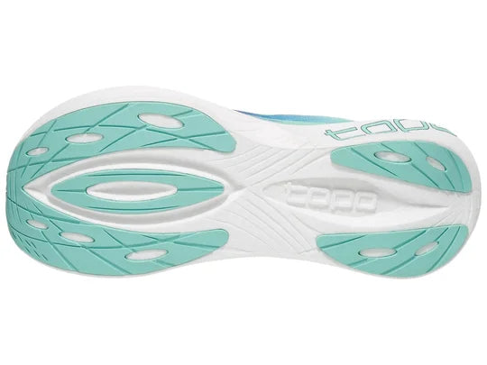 Women's Topo Specter 2. Blue Green upper. White midsole. Bottoms view.