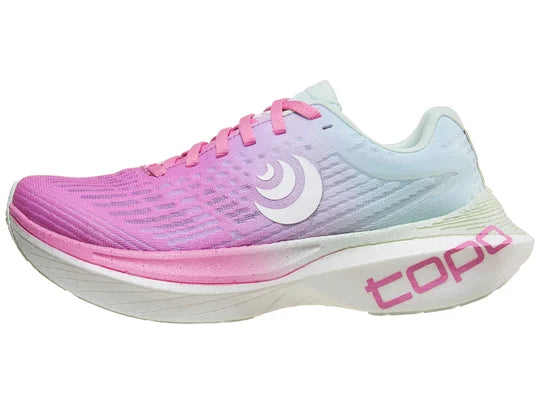 Women's Topo Specter 2. Pink upper. White midsole. Lateral view.