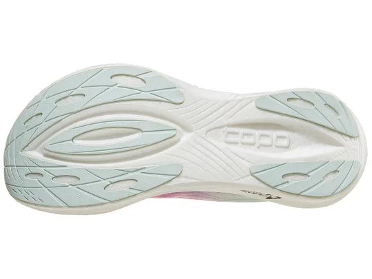 Women's Topo Specter 2. Pink upper. White midsole. Bottom view.