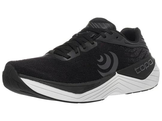 Women's Topo Ultrafly 5. Black upper. White midsole. Lateral view.