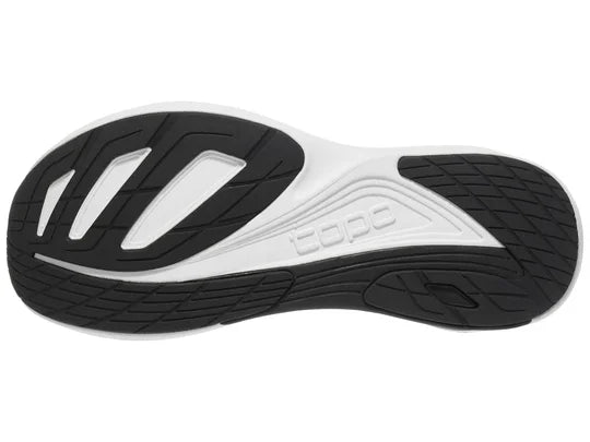 Women's Topo Ultrafly 5. Black upper. White midsole. Bottom view.