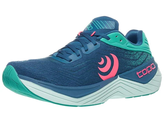 Women's Topo Ultrafly 5. Blue upper. Light Green midsole. Lateral view.