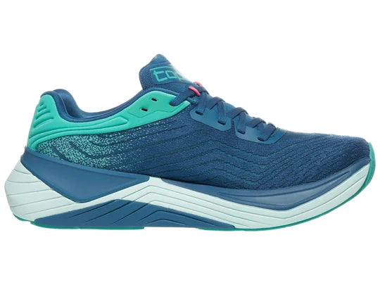 Women's Topo Ultrafly 5. Blue upper. Light Green midsole. Medial view.