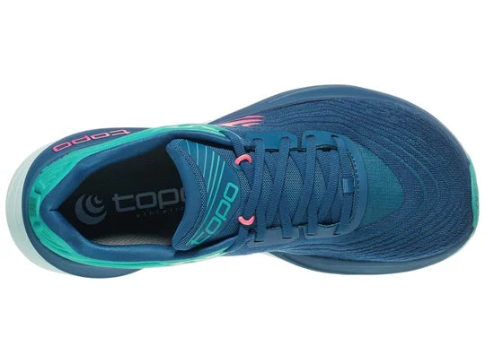 Women's Topo Ultrafly 5. Blue upper. Light Green midsole. Top view.