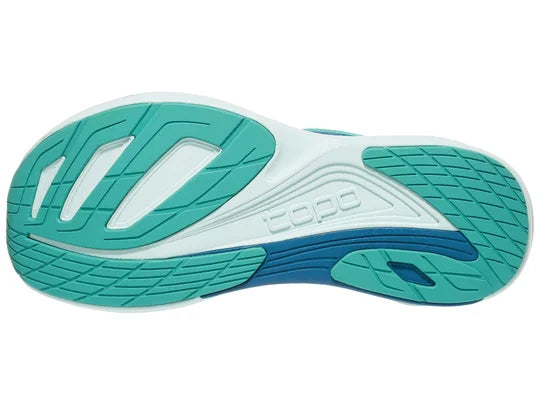 Women's Topo Ultrafly 5. Blue upper. Light Green midsole. Bottom view.