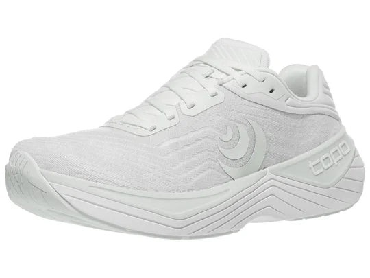 Women's Topo Ultrafly 5. Off White upper. White midsole. Lateral view.