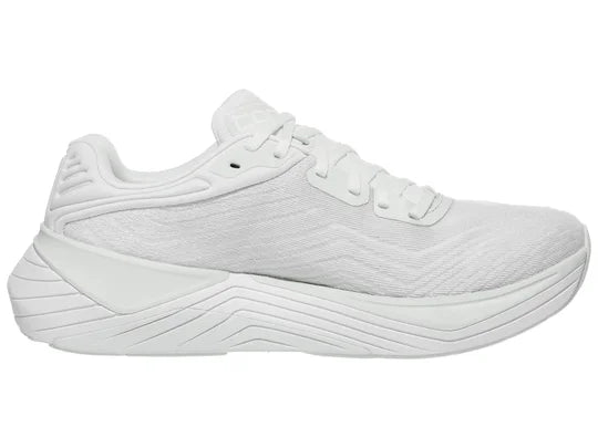 Women's Topo Ultrafly 5. Off White upper. White midsole. Medial view.