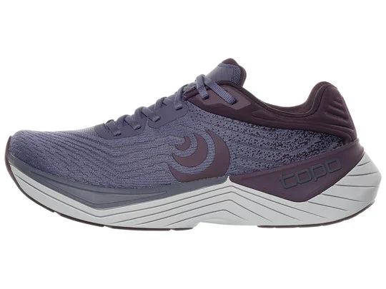 Women's Top Ultrafly 5. Dark Purple upper. Grey midsole. Lateral view.