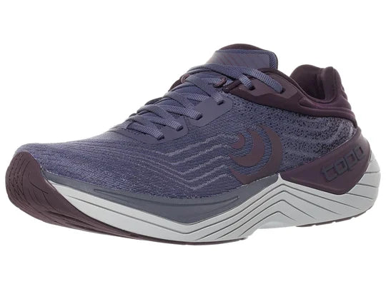 Women's Top Ultrafly 5. Dark Purple upper. Grey midsole. Lateral view.