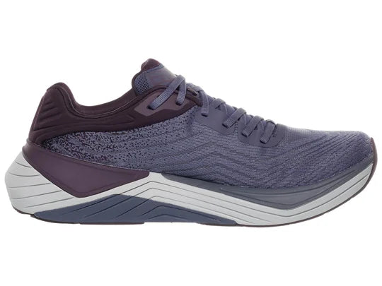 Women's Top Ultrafly 5. Dark Purple upper. Grey midsole. Medial view.