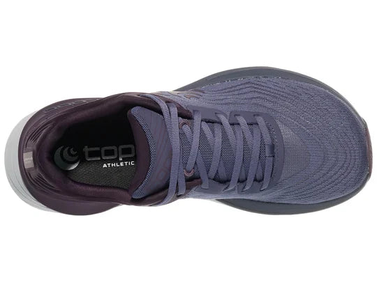 Women's Top Ultrafly 5. Dark Purple upper. Grey midsole. Top view.