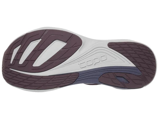 Women's Top Ultrafly 5. Dark Purple upper. Grey midsole. Bottom view.