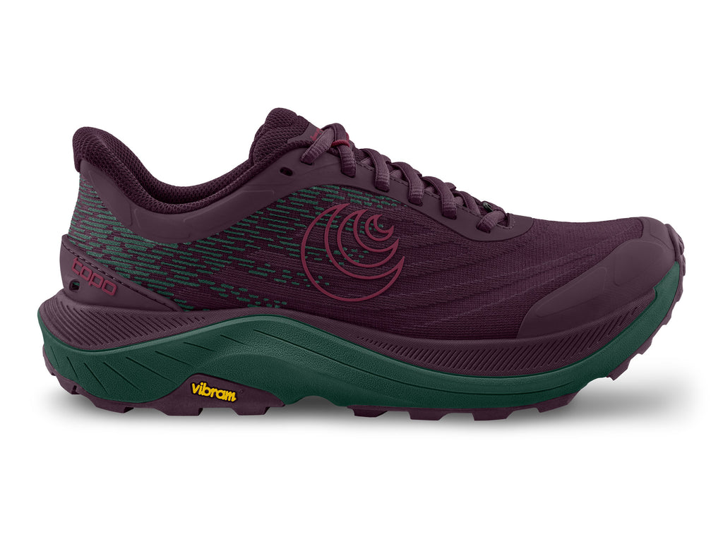 Women's Topo Ultraventure 4. Purple upper. Green midsole. Lateral view.