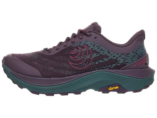 Women's Topo Ultraventure 4. Purple upper. Green midsole. Lateral view.