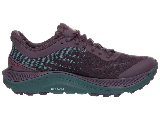 Women's Topo Ultraventure 4. Purple upper. Green midsole. Medial view.