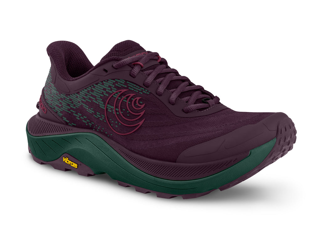 Women's Topo Ultraventure 4. Purple upper. Green midsole. Lateral view.