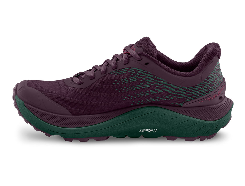 Women's Topo Ultraventure 4. Purple upper. Green midsole. Medial view.