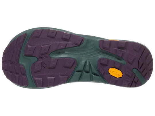 Women's Topo Ultraventure 4. Purple upper. Green midsole. Bottom view.