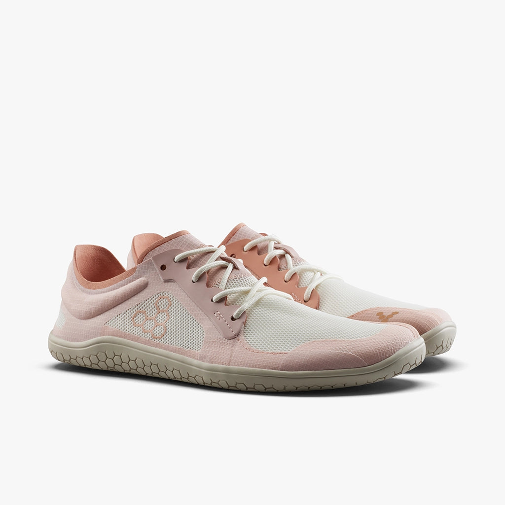 Women's Vivobarefoot Primus Lite 3.5. Light Pink upper. Tan outsole. Lateral view.