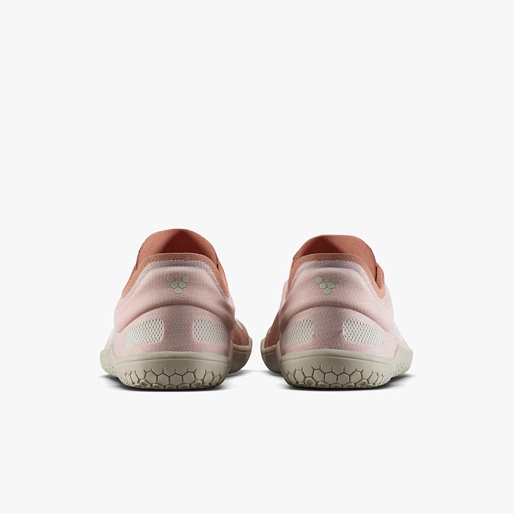 Women's Vivobarefoot Primus Lite 3.5. Light Pink upper. Tan outsole. Rear view.