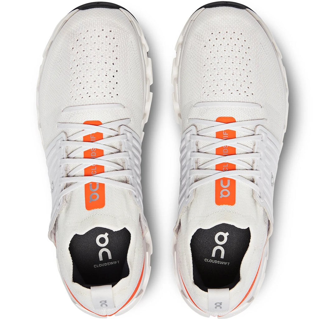 Men's On Cloudswift 3. White upper. White midsole. Top view.