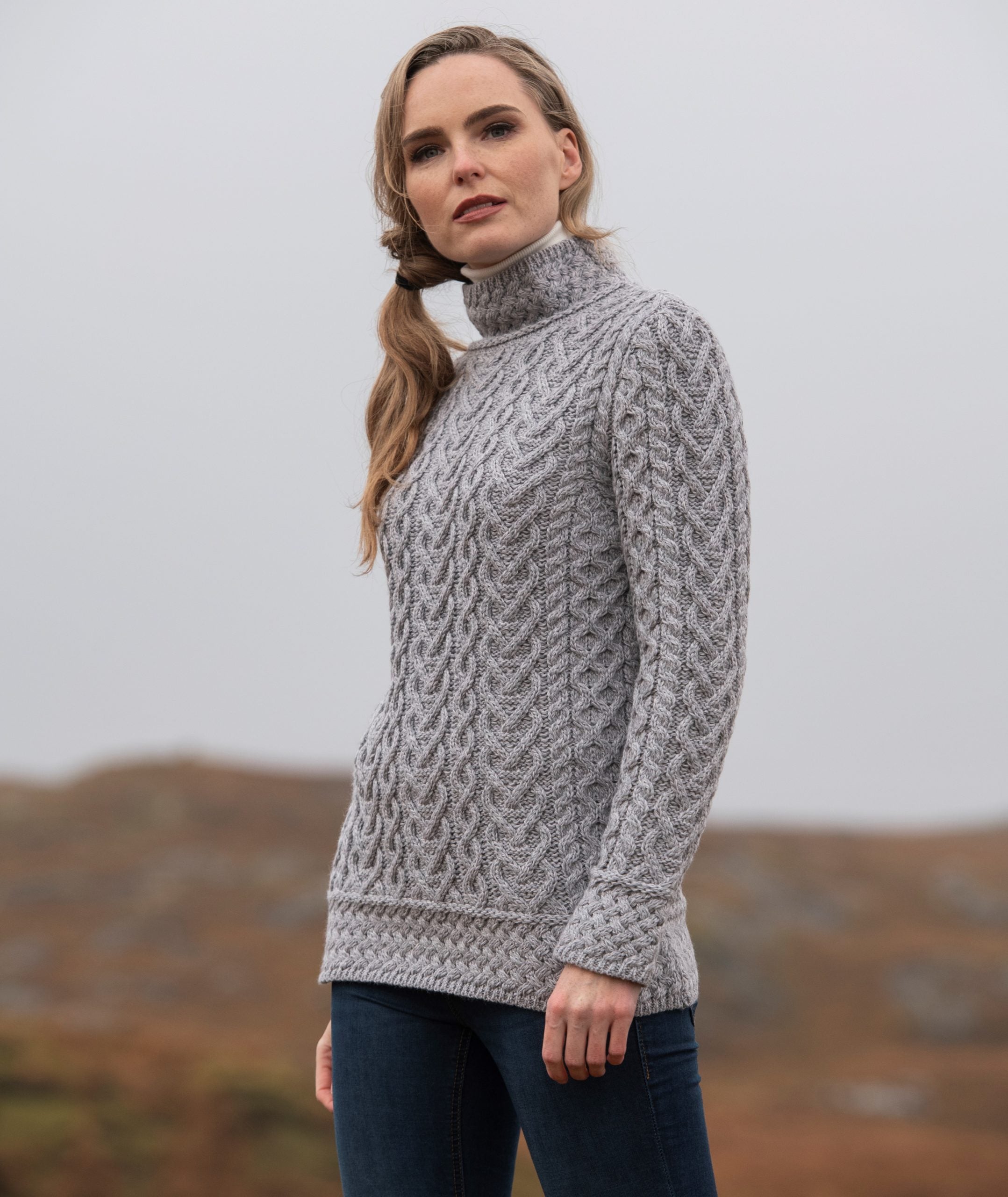 West End Knitwear, Luxurious Cable Knit High Neck Sweater